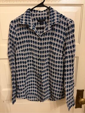 J crew navy and white silk button down, owl print size 2